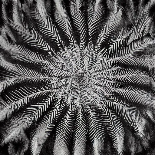 Image similar to isometric view of an hybrid ethnographic object made of feather and abstract patterns on display, ( conceptual art ), ( ready - made ), offset photography, black and white photography, nikon f 1 1