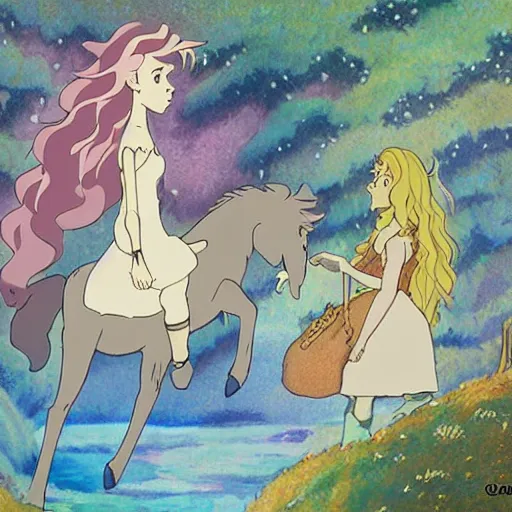 Image similar to the last unicorn in the style of studio ghibli