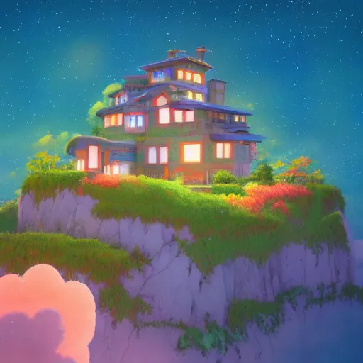 Image similar to beautiful 3 d painting of a colourful house on a hilltop at midnight with small fireflies flying around, in the style of studio ghibli, artstation, unreal engine