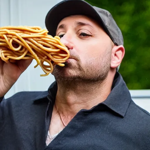 Prompt: joe bastianich eating spaghetti from his nose