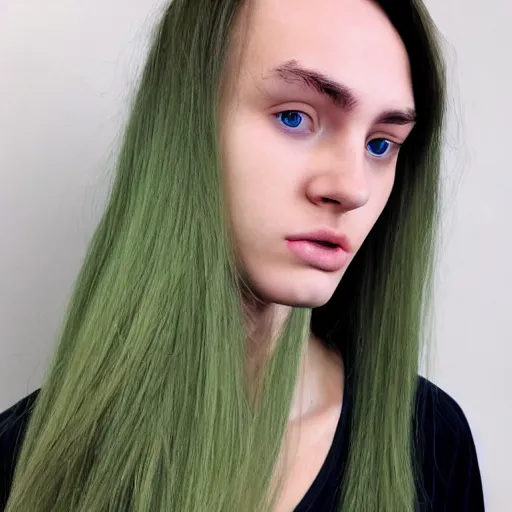 Image similar to brunette with dyed blonde hair, 21 years old, 165 cm tall, long flat blonde hair, eyes green, 30% smaller nose, smaller mouth, round shaped face, big forehead, lop eared, thin eyebrows, real life photograph