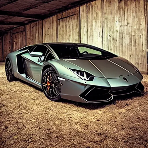 Image similar to lamborghini in a barn, rustic, vintage, aesthetic