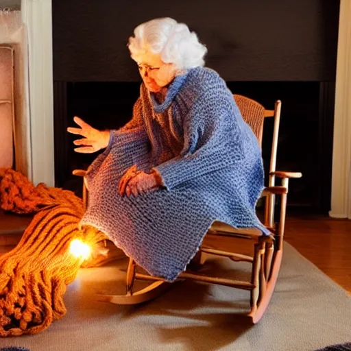 Image similar to terrifying old witch knits a sweater of worms in a rocking chair illuminated by the glow of the fireplace