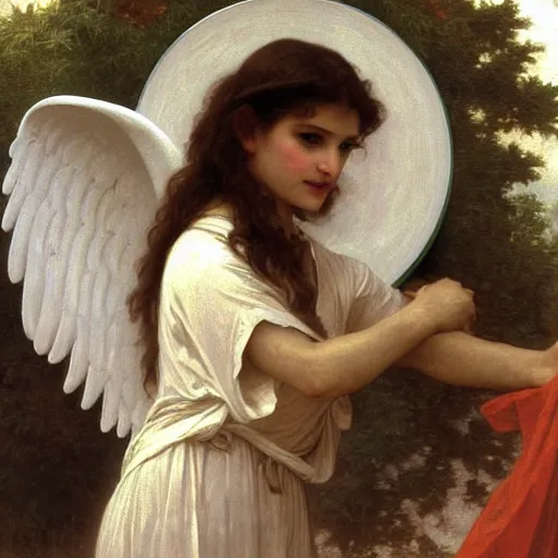 Prompt: an oil painting of an angel driving a car in a drive through, talking to the speaker machine, exterior view, by Bouguereau, highly realistic and intricate