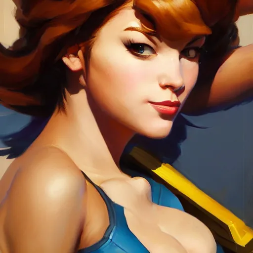 Image similar to greg manchess portrait painting of april o'neil as overwatch character, medium shot, asymmetrical, profile picture, organic painting, sunny day, matte painting, bold shapes, hard edges, street art, trending on artstation, by huang guangjian and gil elvgren and sachin teng