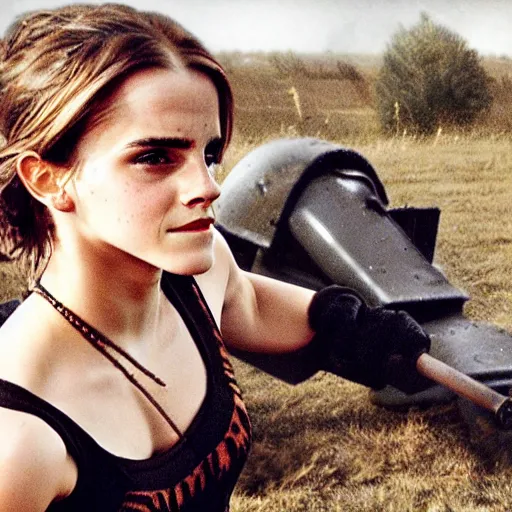 Image similar to a photograph of emma watson punching a german tiger tank