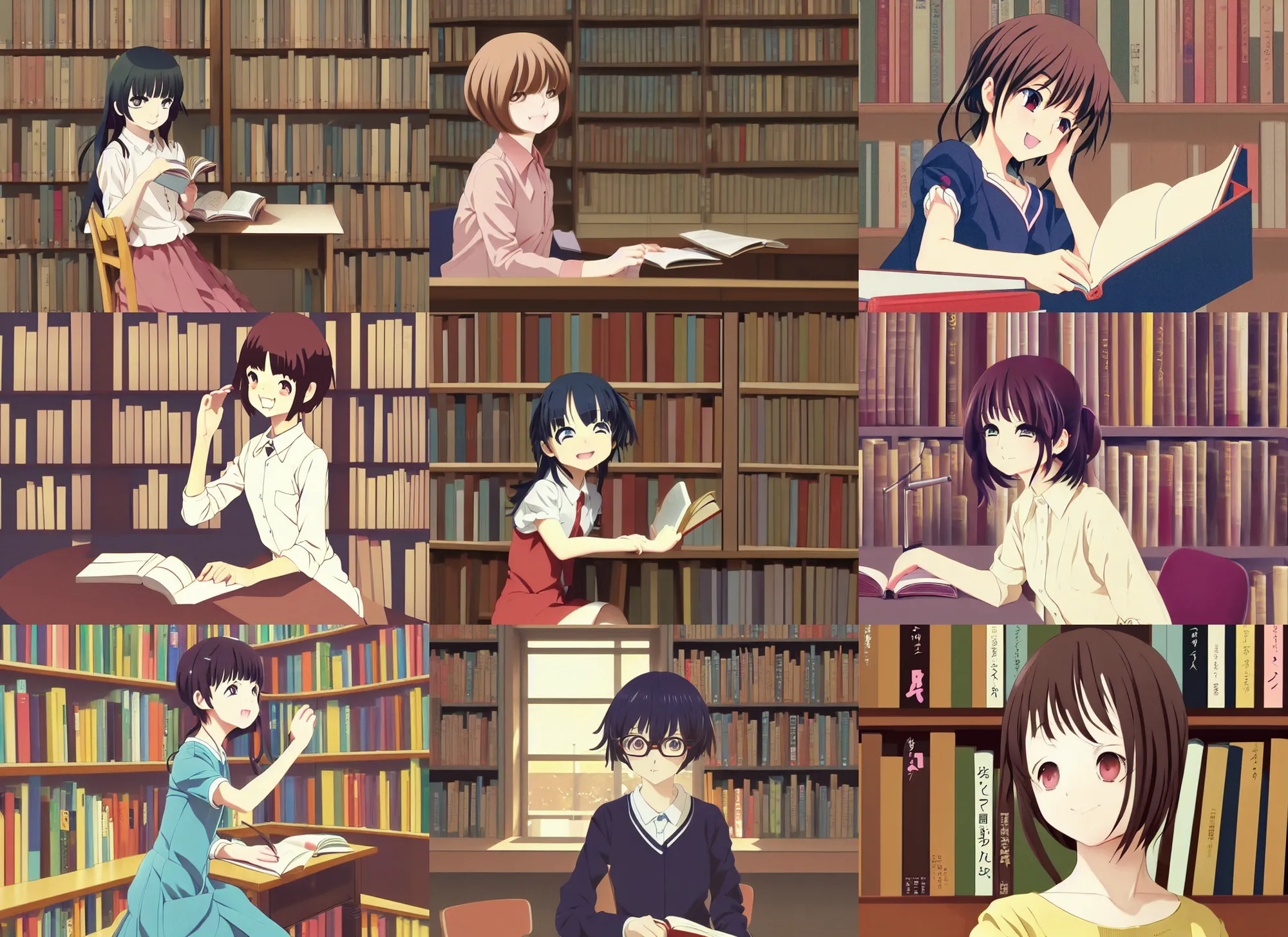 Prompt: anime visual, portrait of a happy young girl in a library interior reading desk, cute face by ilya kuvshinov, yoh yoshinari, dynamic pose, dynamic perspective, cel shaded, flat shading mucha, rounded eyes, dramatic, kyoani, natsume yuujinchou, smooth facial features