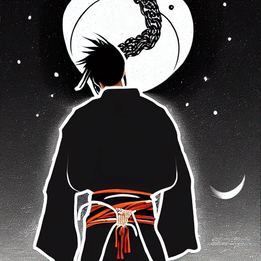 Image similar to a portrait from behind of a samurai man vagabond with a moon behind him, the samurai is wrapped in chains, detailed, illustration, concept art, ink style, sketch