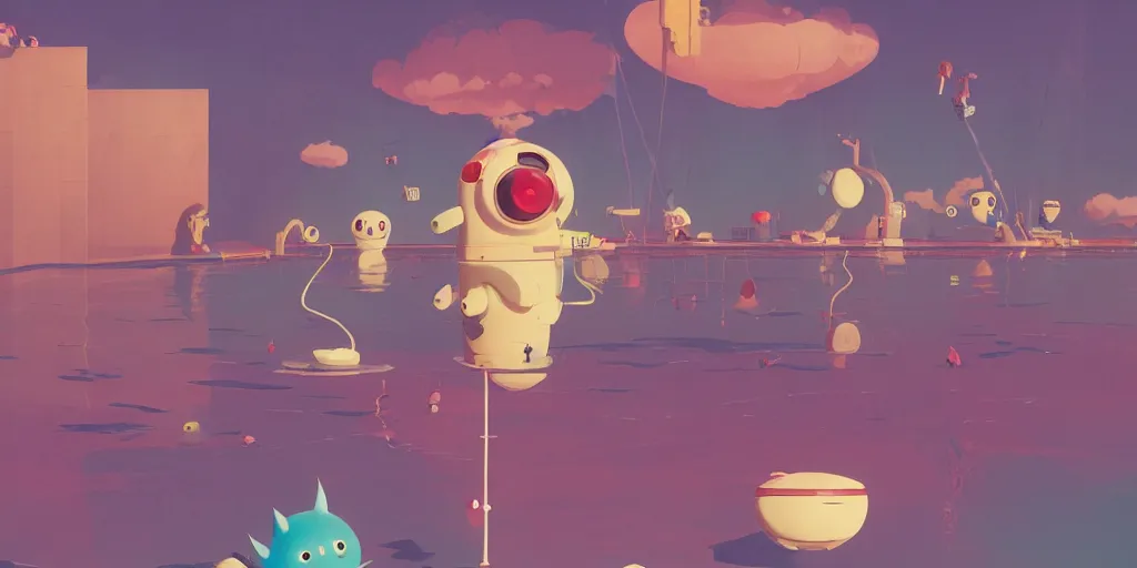 Prompt: cute anime monsters wearing floats at the swimming pool by Goro Fujita and Simon Stalenhag , 8k, trending on artstation, hyper detailed, cinematic