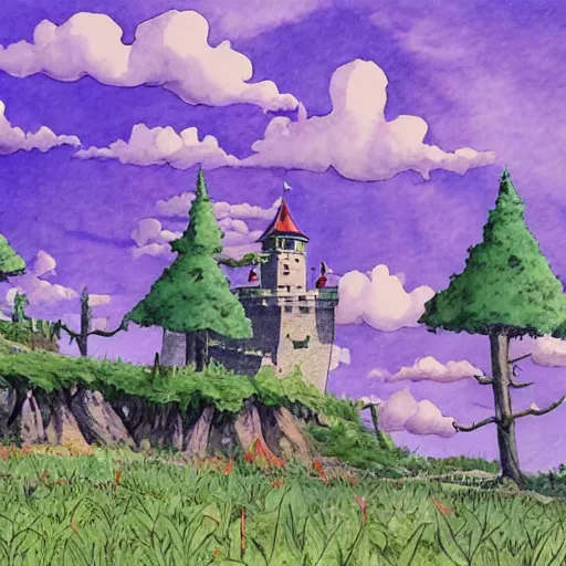 Image similar to laputa castle in the sky robot hayao miyazaki stands in a small clearing among trees, watercolor illustration for a book