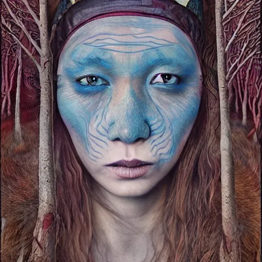 Image similar to A young blindfolded shaman woman with a decorated headband from which blood flows, in the style of heilung, blue hair and wood on her head. The background is a forest on fire, made by Esao Andrews and Karol Bak and Zdzislaw Beksinski,