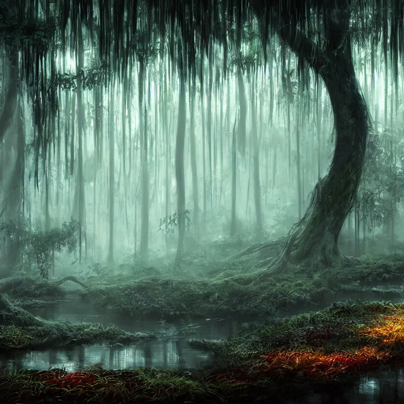 Image similar to a wet swamp with overhanging trees, dark colors, glowing plants, mushrooms!, misty background, light rays, beautiful lighting, vivid colors, intricate, elegant, smooth, sharp focus, highly detailed digital painting, concept art, cinematic, unreal engine, 4 k wallpaper, trending on cgsociety, trending on artstation