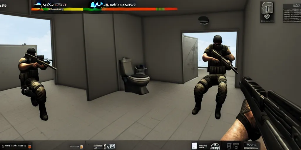 Prompt: playing counter strike global offensive while on the toilet, high quality realism