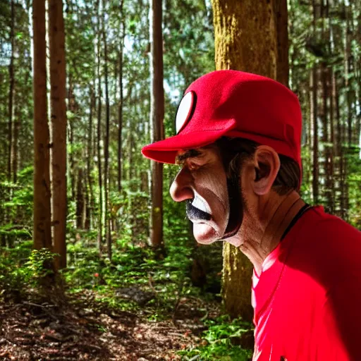 Image similar to italian man with a mustache dressed as mario wearing a solid red mario hat drooling, eyes rolled back, looking at red mushroom with white spots, in a forest 50mm lens, f1.8.