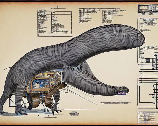 Prompt: a full page of a mechanical blueprint showing a cutaway design for a mechanized brontosaurus from howl's moving castle ( 2 0 0 4 ), with people inside piloting it, muted colors, post grunge, studio ghibli, hq,