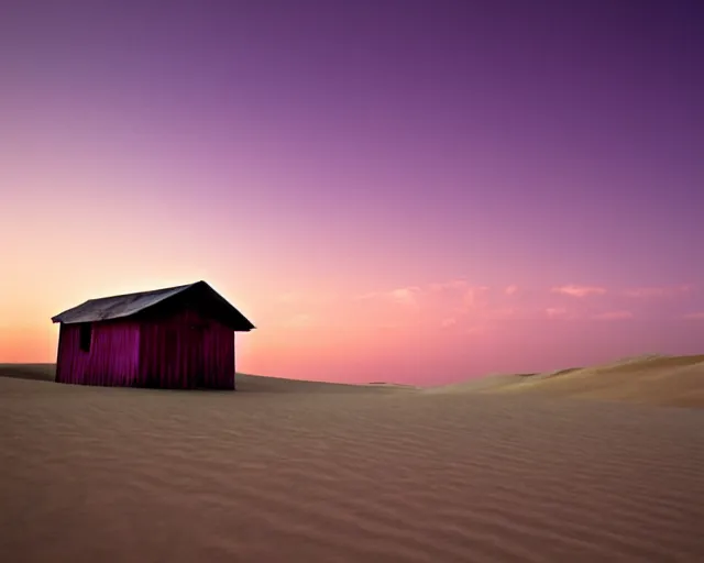 Prompt: sand dunes, empty abandoned shacks, setting sun, black, purple, and red