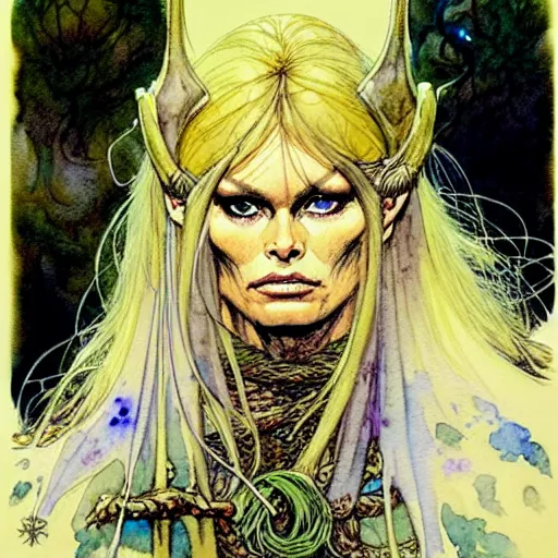 Image similar to a realistic and atmospheric watercolour fantasy character concept art portrait of brigitte bardot as a druidic warrior wizard looking at the camera with an intelligent gaze by rebecca guay, michael kaluta, charles vess and jean moebius giraud