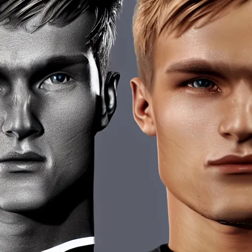 Image similar to a realistic detailed photo of a guy who is an attractive humanoid who is half robot and half humanoid, who is a male android, soccer player martin ødegaard, shiny skin, posing like a statue, blank stare, in a living room, on display, showing off his muscles