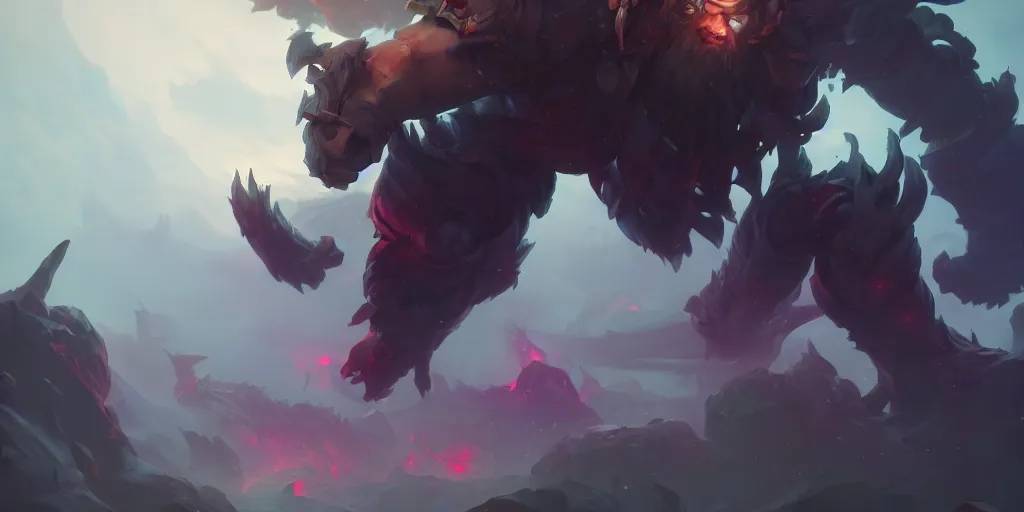 Image similar to Sion from League of legends, the dead giant, extremely detailed digital painting, in the style of Fenghua Zhong and Ruan Jia and jeremy lipking and Peter Mohrbacher, mystical colors, rim light, beautiful Lighting, 8k, stunning scene, raytracing, octane, trending on artstation