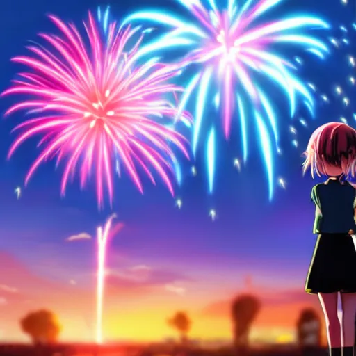 Image similar to Anime girl staring at fireworks, cinematic, Pixar