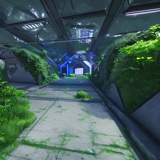 Prompt: screenshot of a first person shooter game on unreal engine 5, in a liminal underground garden, photorealistic, retrofuturism