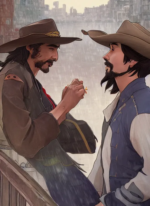 Prompt: mccree kissing hanzo on a bridge in the rain, path traced, highly detailed, high quality, digital painting, by studio ghibli and alphonse mucha, leesha hannigan, makoto shinkai, disney