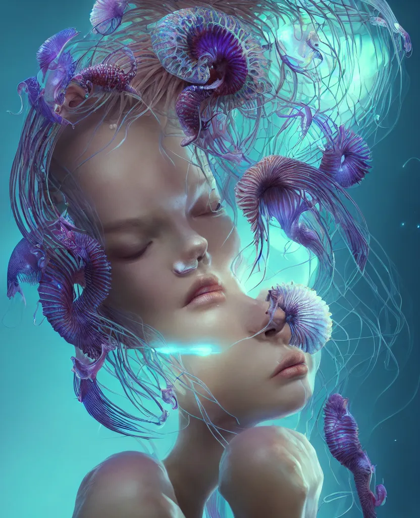 Image similar to goddess close-up portrait. orchid jellyfish phoenix head, nautilus, skull, betta fish, bioluminiscent creatures, intricate artwork by Tooth Wu and wlop and beeple. octane render, trending on artstation, greg rutkowski very coherent symmetrical artwork. cinematic, hyper realism, high detail, octane render, 8k