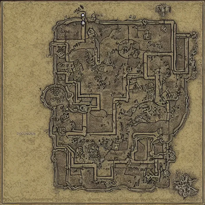 Prompt: dungeon map by dysonlogos, nine rooms, map of osr dungeon, 1 0 foot, map of tomb of horror, high resolution, highly detailed,