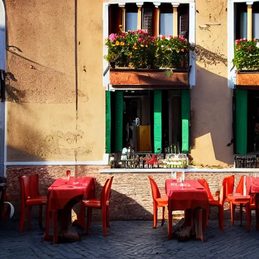 Image similar to italian restaurant in venice, sunny, shadows, marc dalessio