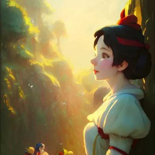 Prompt: still from snow white and the seven dwarfs if made by krenz cushart and wenjun lin, portrait, illustration, rim light, top light, summer clear blue sky, perfectly shaded, soft painting, epic, intricate, art