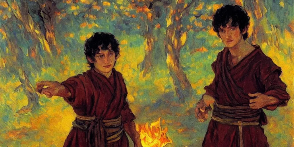 Image similar to frodo baggins as fire lord ozai, russian impressionism oil painting, 4 k, beautiful painting, by konstantin korovin