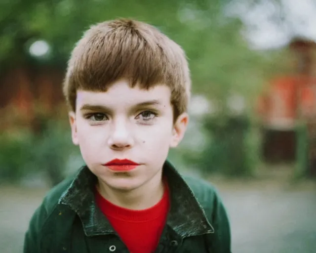 Image similar to a lomographic portrait photo of soviet boy in soviet yard in small town, bokeh