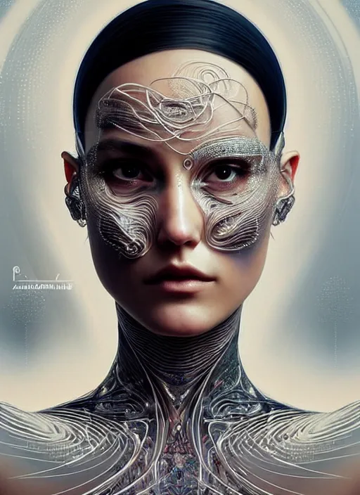 Image similar to a highly detailed photo of very intricate female face full - length portrait, futurism, rococo cyber tattoos lighting, detailed futuristic fibonacci jewelry, profile posing, hyper photorealistic, crispy quality, digital photography, trending in pinterest, cinematic, 4 k ultra hd, art by pascal blanche, art by greg rutkowski, art by artgerm,