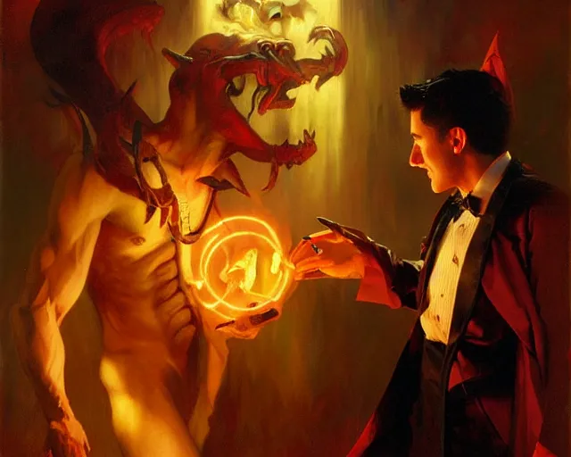 Image similar to attractive magician man, casting dark magic, summoning handsome demon. highly detailed painting by gaston bussiere, craig mullins, j. c. leyendecker 8 k