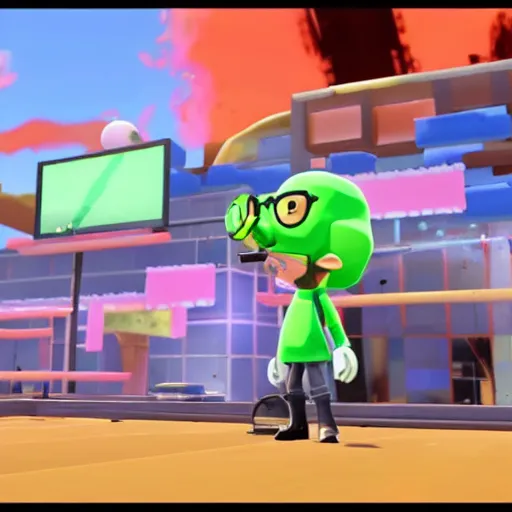 Prompt: walter white in splatoon as an inkling, standing next to an inkling, wide shot, in game screenshot, unreal engine, high definition