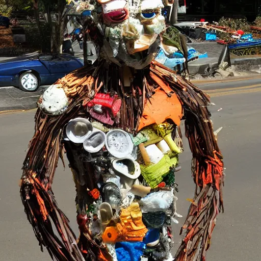 Prompt: A human creature made entirely of trash