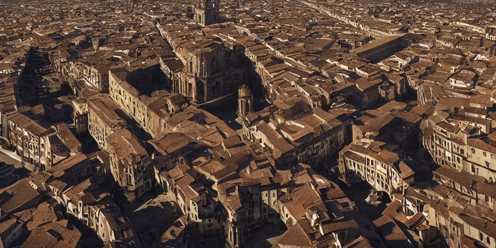 Image similar to the monumental city of caceres with a dragon flying over it, dramatic lighting, cinematic, extremly high detail, photorealistic, cinematic lighting, post processed, concept art, artstation, matte painting, style by greg rutkowsky