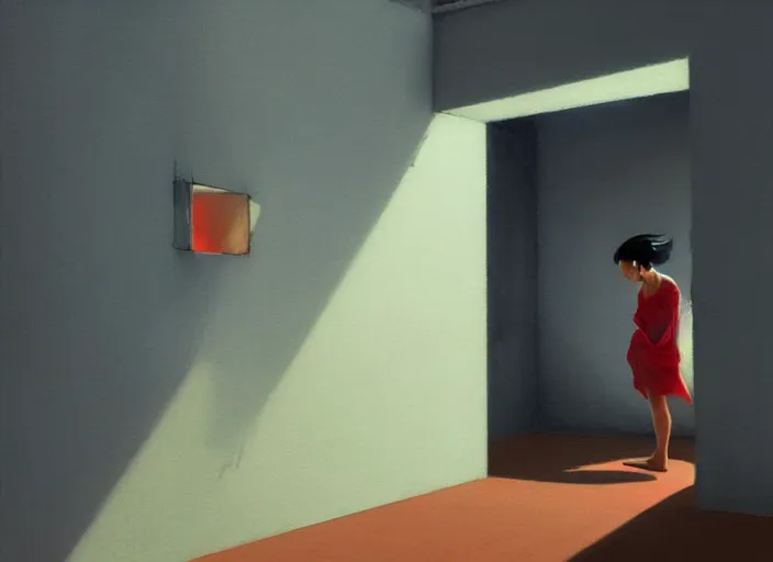 Image similar to famous asian actress girl dropping the shadow of her desires on the wall of empty house with a light from a window creating dreams, style of James Jean, Edward Hopper, Francis Bacon, colors of Mark Rothko, Frank Auerbach, trending on artstation, Greg Rutkowski, dark atmosphere