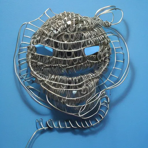 Image similar to pacman, wire sculpture, realistic silver metal wire sculpture, detailed and intricate