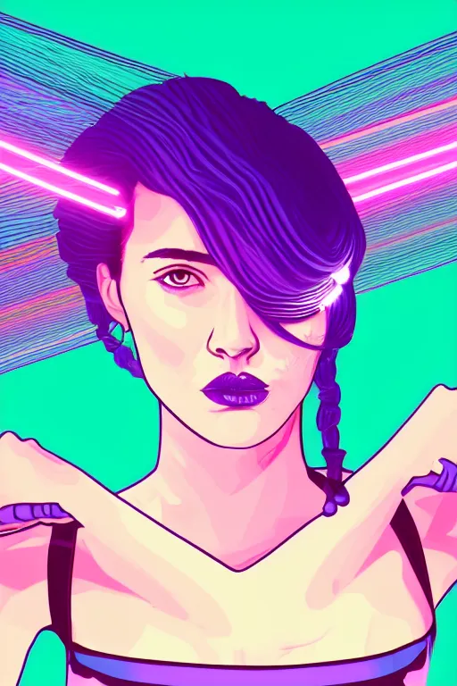 Image similar to a award winning half body portrait of a beautiful woman with stunning eyes in a croptop and cargo pants with ombre purple pink teal hairstyle and hands in pockets by thomas danthony, surrounded by whirling illuminated lines, outrun, vaporware, shaded flat illustration, digital art, trending on artstation, highly detailed, fine detail, intricate