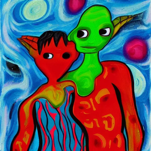 Prompt: painting of two aliens in love, in the style of Wes Wilson