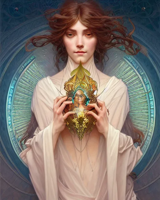 Image similar to portrait of a transcendental creature, d & d, fantasy, intricate, elegant, highly detailed, digital painting, artstation, concept art, smooth, sharp focus, illustration, art by artgerm and greg rutkowski and alphonse mucha, new art nouveau