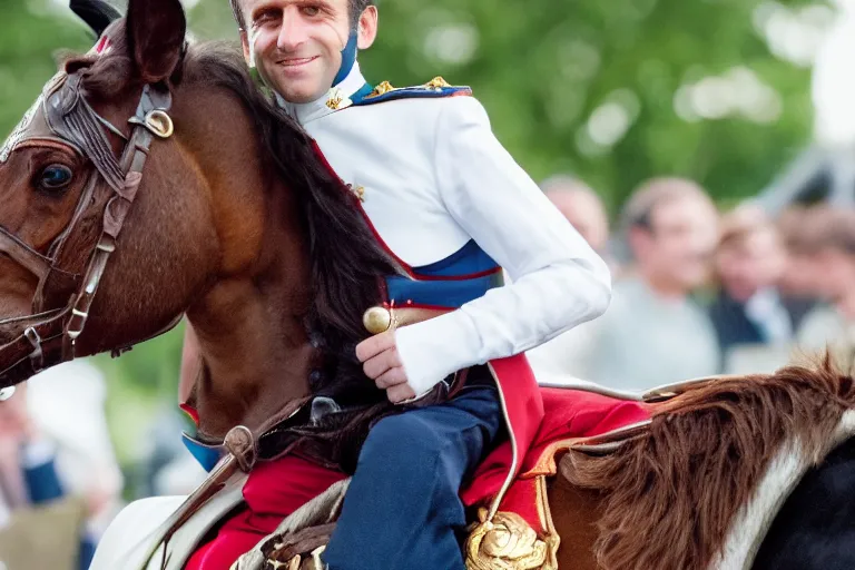 Prompt: closeup portrait of emmanuel macron dressed as napoleon riding a small pony, natural light, sharp, detailed face, magazine, press, photo, steve mccurry, david lazar, canon, nikon, focus