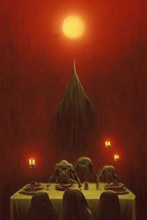 Image similar to the devil came for us, by zdzislaw beksinski, by dariusz zawadzki, by john jude palencar, gothic, surrealism, cosmic horror, lovecraftian, cold hue's, warm tone gradient background, concept art, first person view, scene in dining room, beautiful composition