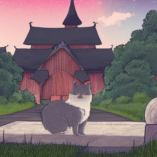 Image similar to illustration of a fluffy grey cat pointing it's paw at a priest in front of a white stave church by studio ghibli fantastic realism ultra - wide angle lens, early morning