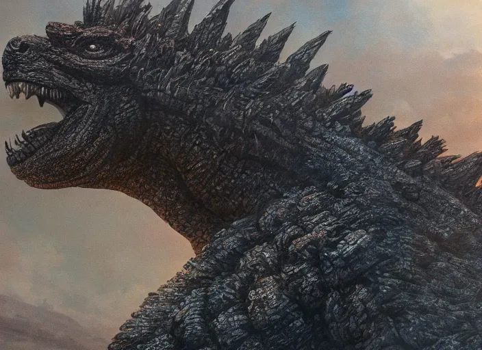 Prompt: a full head shot, detailed photograph of godzilla in a distance landscape, photorealism ultradetailed digital art, irina french, heraldo ortega, mandy jurgens, golden ratio, art canvas, award winning, masterpiece trending on artstation 8 k 1 5 0 mpx, hasselblade wide shot