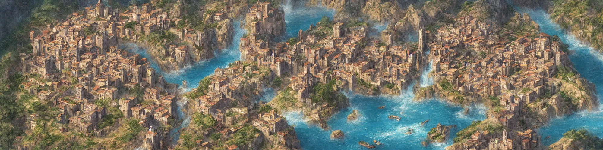 Prompt: Aerial map of a medieval italian city on top of a giant waterfall, D&D, fantasy, brightly colored buildings, highly detailed, digital painting, artstation, smooth, sharp focus, illustration, art by greg rutkowski studio ghibli, cinematic,