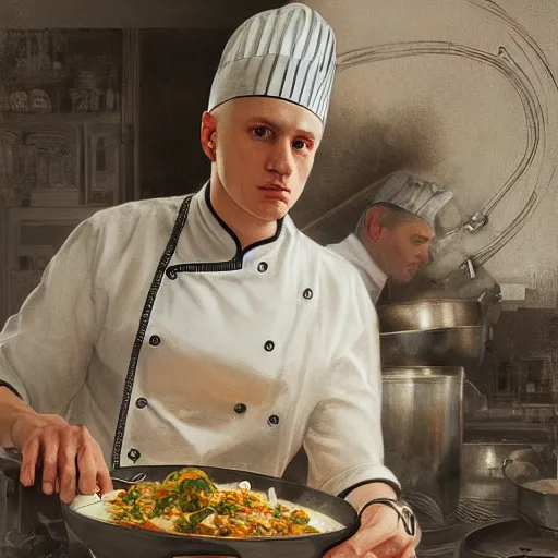 Prompt: slim shady as a pasta chef, highly detailed, intricate, digital painting, artstation, sharp focus, illustration, art by jakub rozalski, greg rutkowski, artgerm, tan zi and ayanamikodon and alphonse mucha and wlop