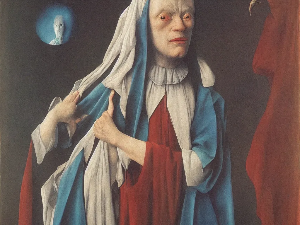 Image similar to Portrait of albino mystic with blue eyes, with tears of joy. Painting by Jan van Eyck, Audubon, Rene Magritte, Agnes Pelton, Max Ernst, Walton Ford