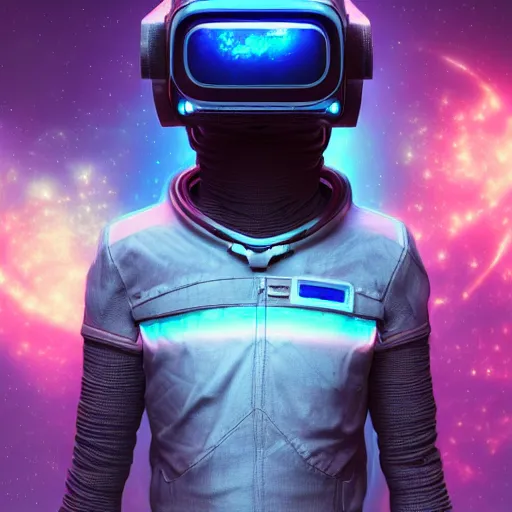 Image similar to cyberpunk astronaut bot, cinema 4 d, galaxy space sci - fi, wearing vr goggles, illustration, portrait, pastel neon textured background night, trending on artstation, greg rutkowski, octane rendered, 1 2 k, detailed,